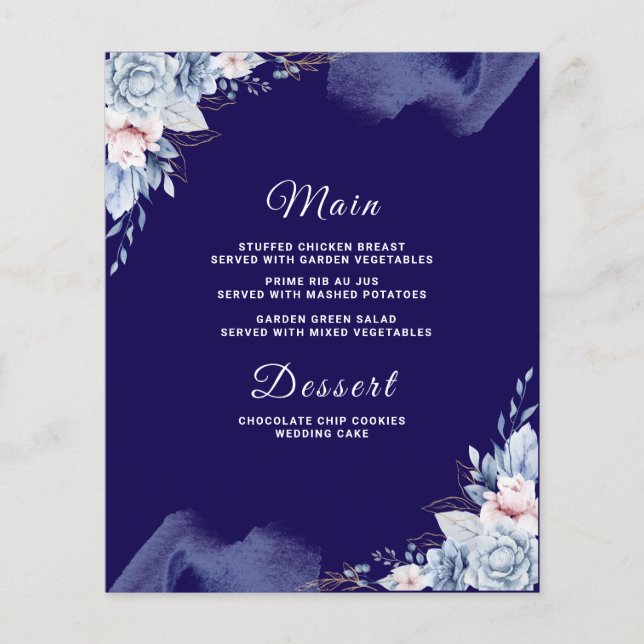 Carte de menu de mariage bleu marine élégante (Devant)