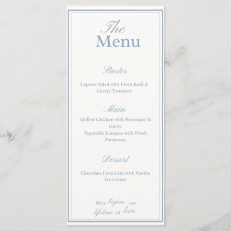 Carte de menu de mariage bleu poussiéreux et blanc