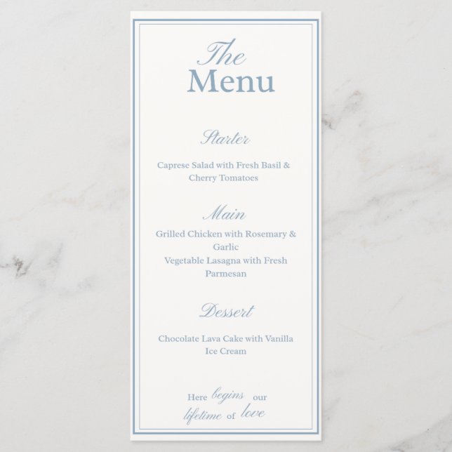 Carte de menu de mariage bleu poussiéreux et blanc (Devant)