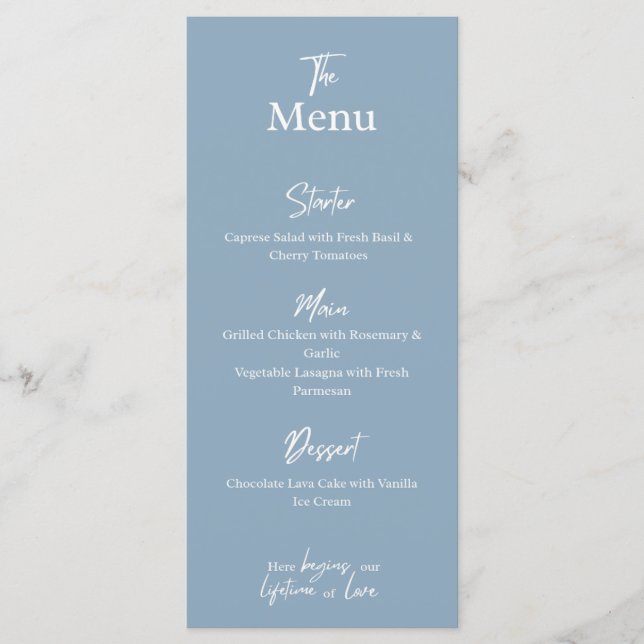 Carte de menu de mariage bleu poussiéreux pour dîn (Devant)