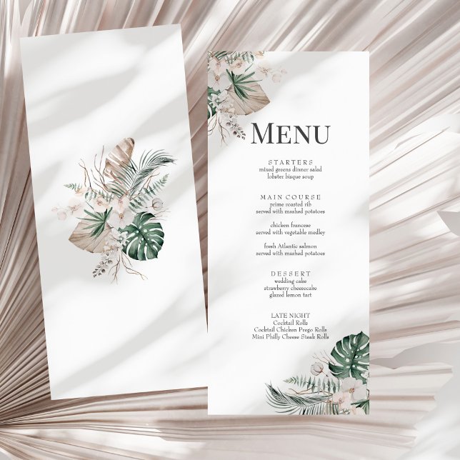 Carte de Menu de Mariage Bohème Tropical Orchidée  (Boho Tropical Orchid & Monstera Wedding Menu Card on a sunny white dry palm leaf.)