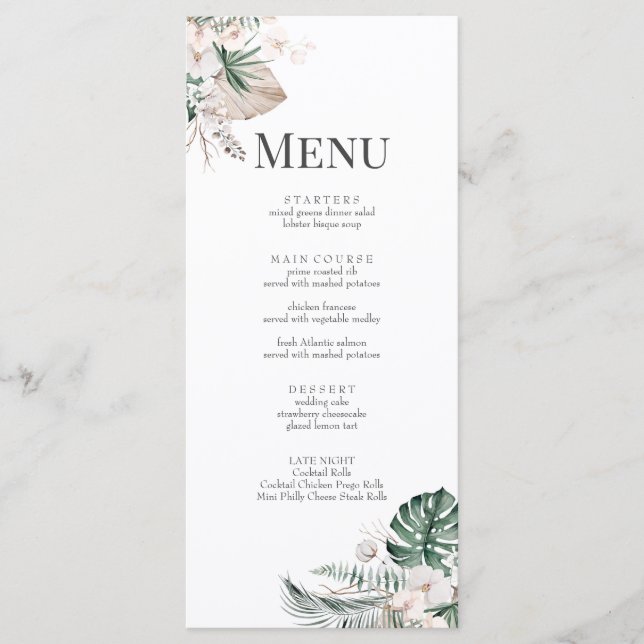 Carte de Menu de Mariage Boho Tropical Orchidée &  (Devant)