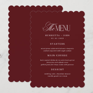 Carte de menu de mariage bordeaux à bord festonné 