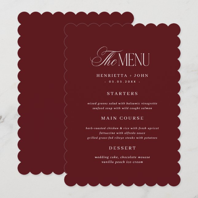 Carte de menu de mariage bordeaux à bord festonné  (Devant / Derrière)