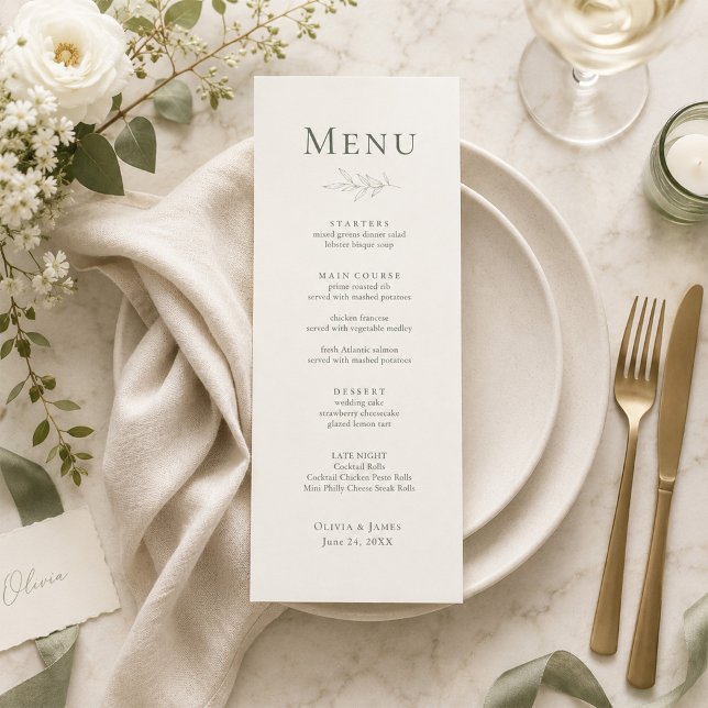 Carte de menu de mariage botanique au style modern (Modern Sage Botanical Wedding Menu Card on an elegant wedding dinner table with tiny flowers)
