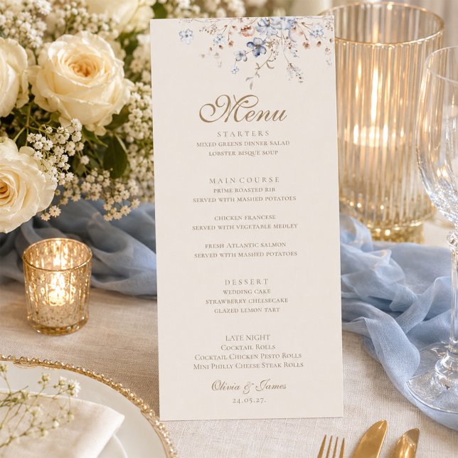 Carte de menu de mariage botanique bleu poussiéreu (Dusty Blue Botanical Wedding Menu Card)