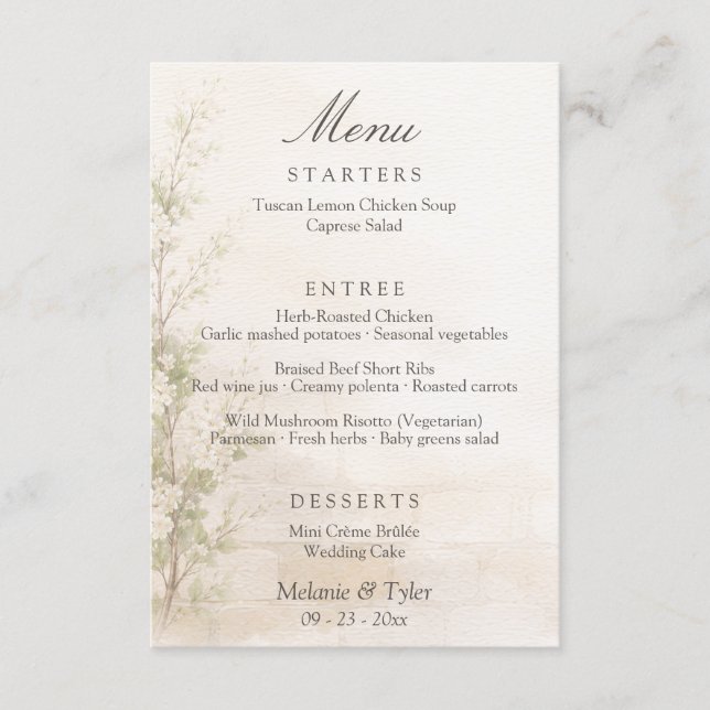 Carte de menu de mariage botanique élégant (Devant)