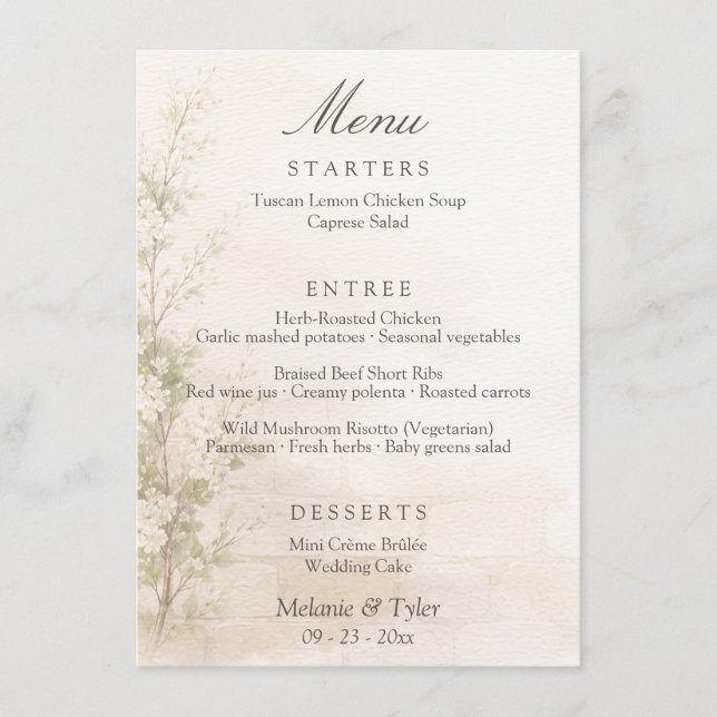 Carte de menu de mariage botanique élégant (Devant)