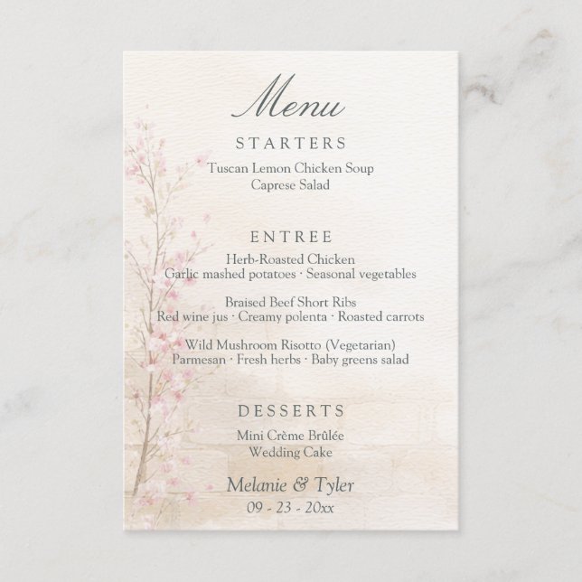 Carte de menu de mariage botanique élégant de prin (Devant)