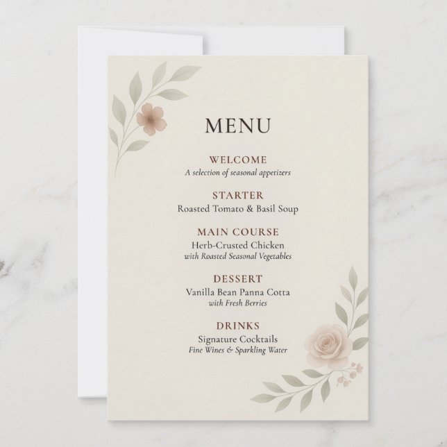 Carte de menu de mariage botanique élégante (Devant)