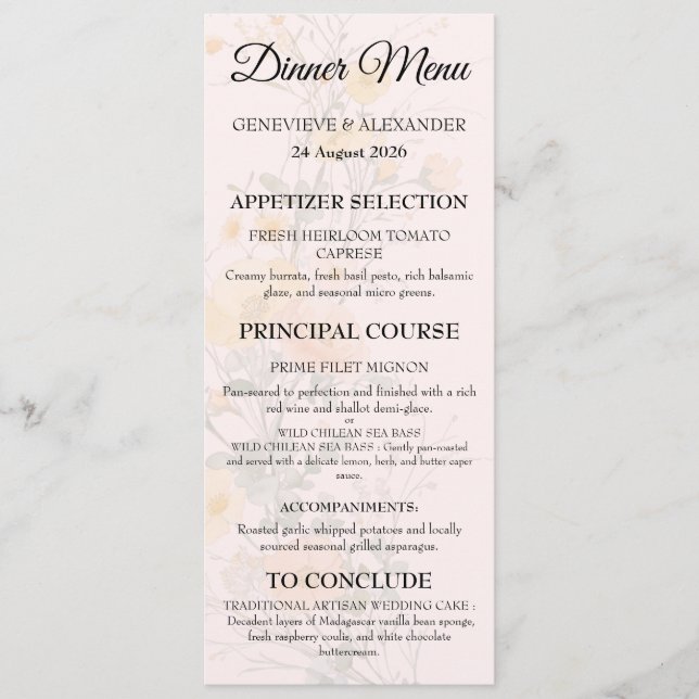 Carte de Menu de Mariage Botanique Fleur Sauvage P (Devant)