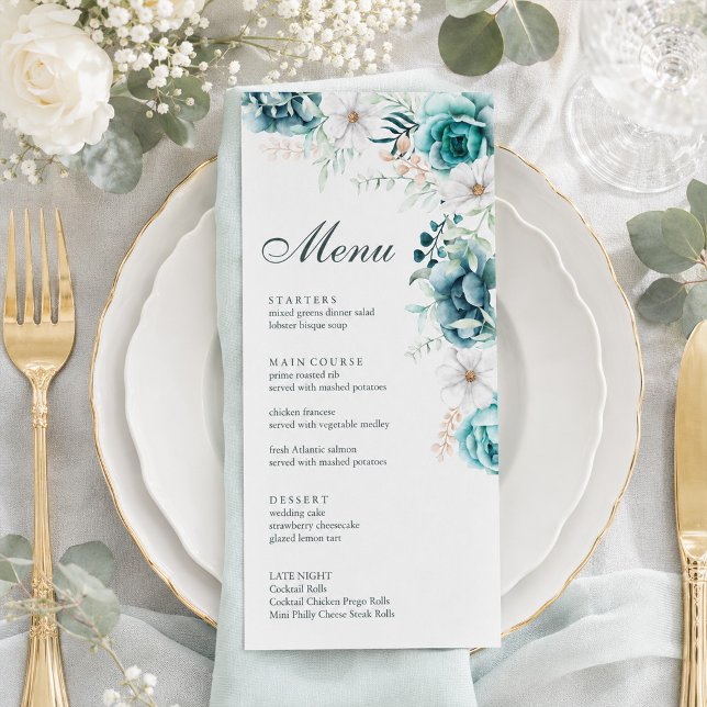 Carte de Menu de Mariage Botanique Sarcelle (Teal Botanical Wedding Menu Card)