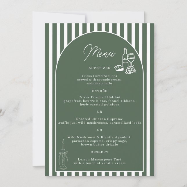 Carte de menu de mariage cabane prépa rayée verte (Devant)