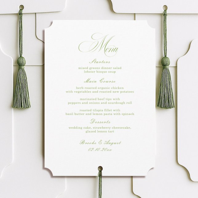Carte de Menu de Mariage Calligraphiée Blanc et Ve (Créateur téléchargé)