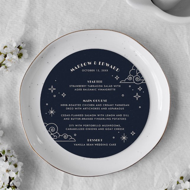 Carte de menu de mariage céleste Navy Moon & Stars (Créateur téléchargé)