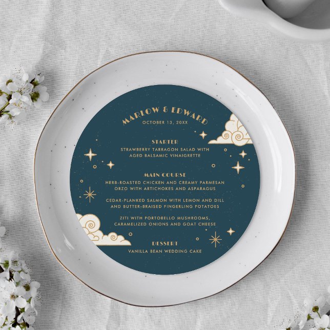 Carte de menu de mariage céleste Teal Moon & Stars (Créateur téléchargé)