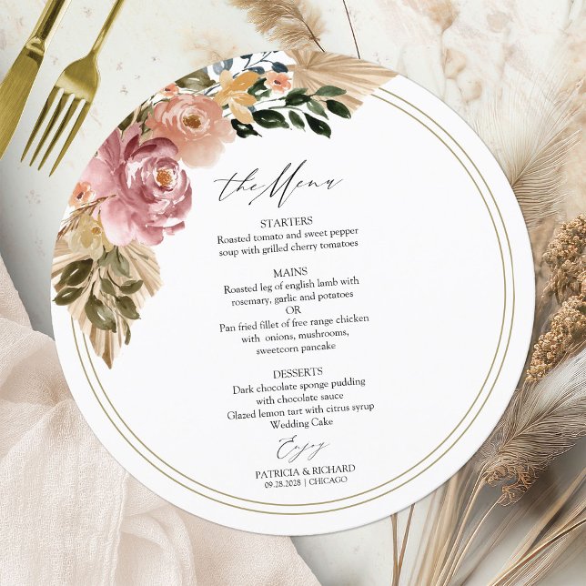 Carte de menu de mariage chic bohème floral rond (Créateur téléchargé)