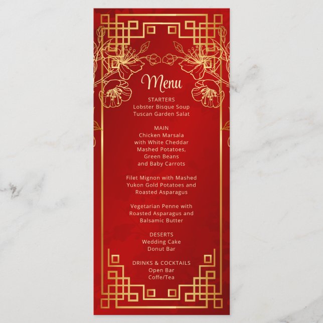 Carte de menu de mariage chinois à fleurs de ceris (Devant)