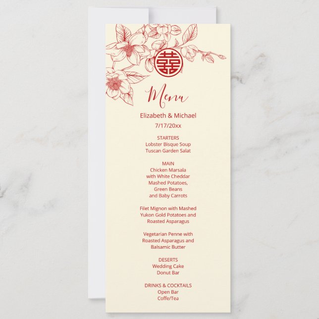 Carte de menu de mariage chinois Magnolia bilingue (Devant)