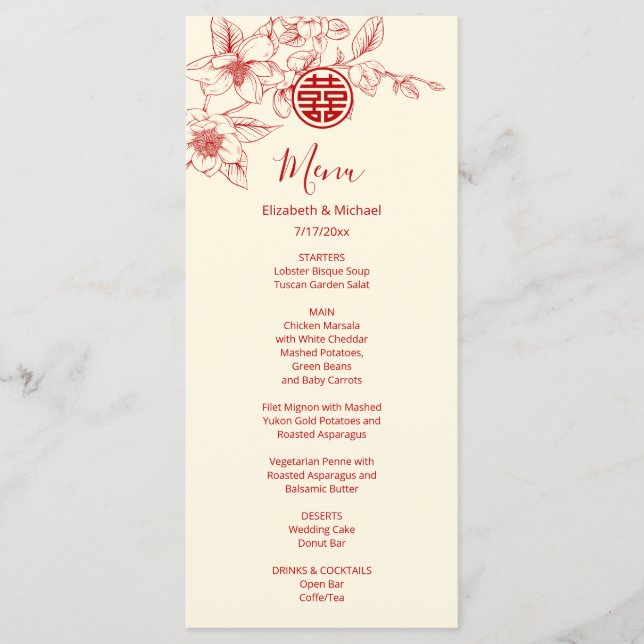 Carte de menu de mariage chinois Magnolia rouge cr (Devant)