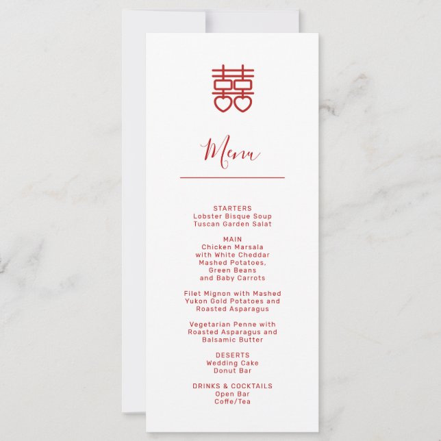 Carte de menu de mariage chinois moderne (Devant)