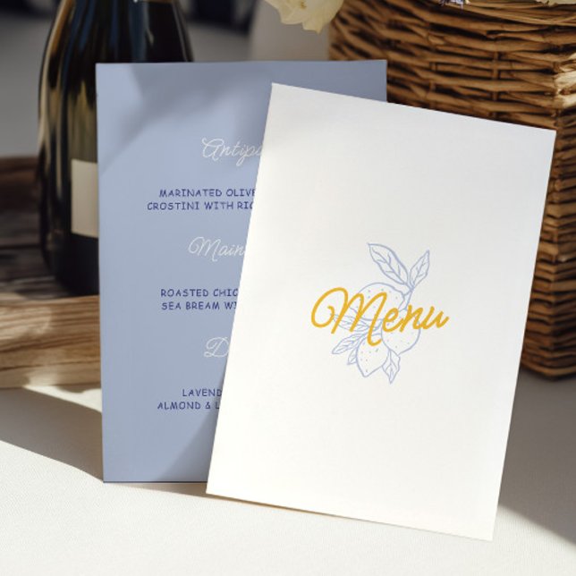Carte de Menu de Mariage Citron Moderne Jaune et B (Modern Yellow & Blue Citrus Wedding Menu Card)