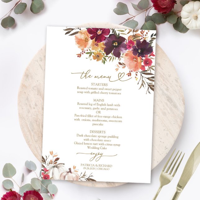 Carte de menu de mariage citrouille Bourgogne Tomb (Créateur téléchargé)