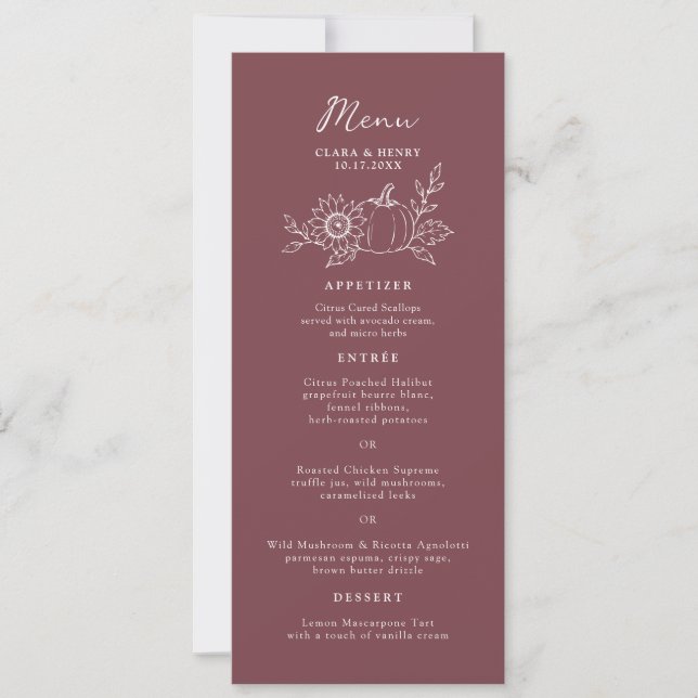 Carte de menu de mariage citrouille longueur thé B (Devant)