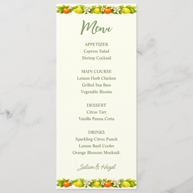 Carte de menu de mariage Citrus Garden Orange & Le (Devant)