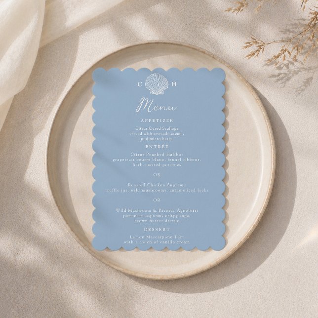 Carte de menu de mariage Coquillage bleu festonné  (Créateur téléchargé)