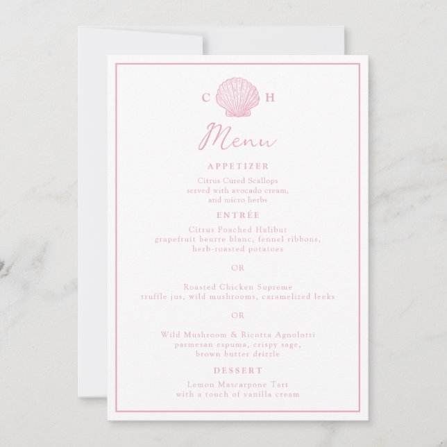 Carte de menu de mariage Coquillage Rose Pâle (Devant)