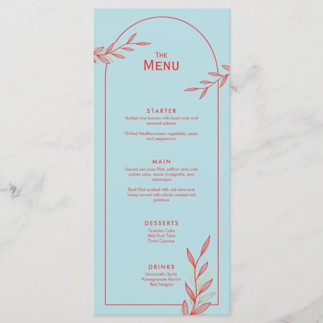 Carte de menu de mariage côtier bleu glace (Devant)