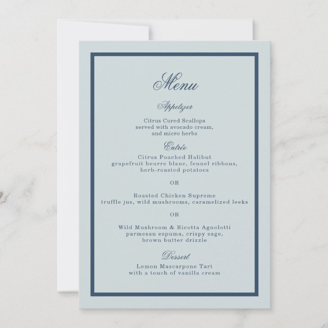 Carte de menu de mariage côtier bleu poussiéreux c (Devant)
