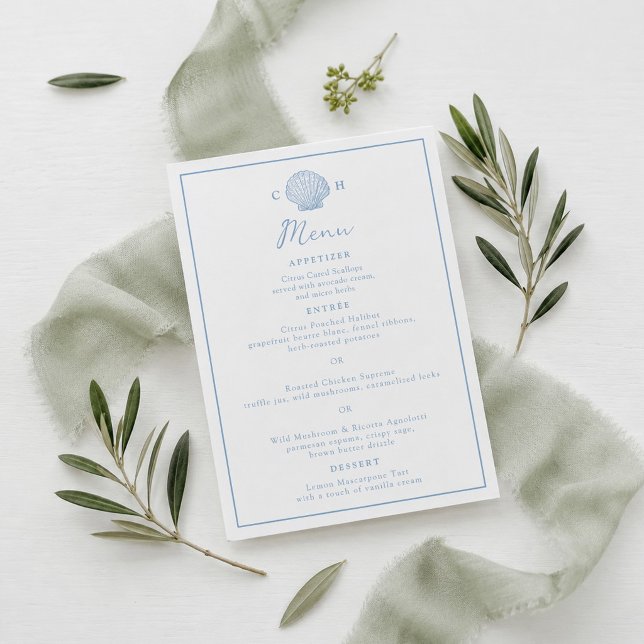 Carte de menu de mariage côtier Coquillage Bleu (Créateur téléchargé)