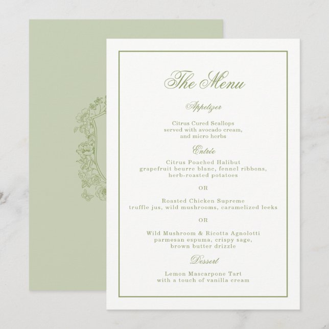 Carte de menu de mariage de jardin à crête vert sa (Devant / Derrière)