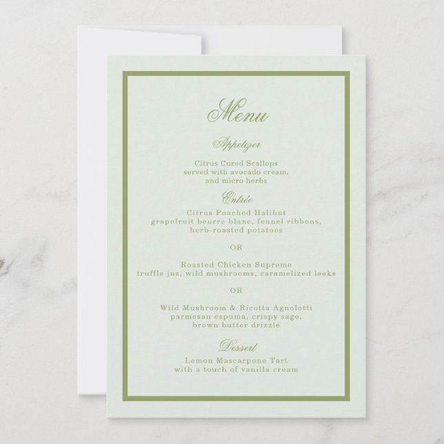 Carte de menu de mariage de Moss Green Estate (Devant)