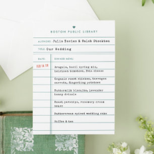 Carte de menu de mariage de type carte de biblioth
