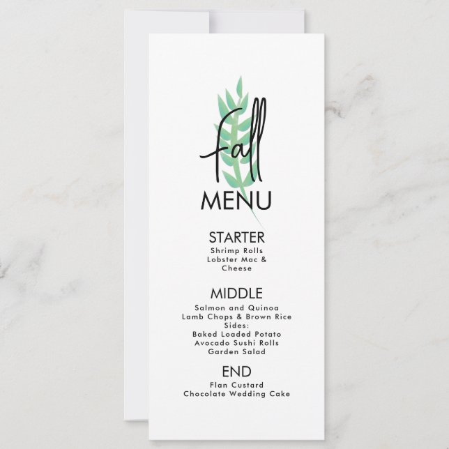 Carte de menu de mariage de verdure de feuille d'a (Devant)