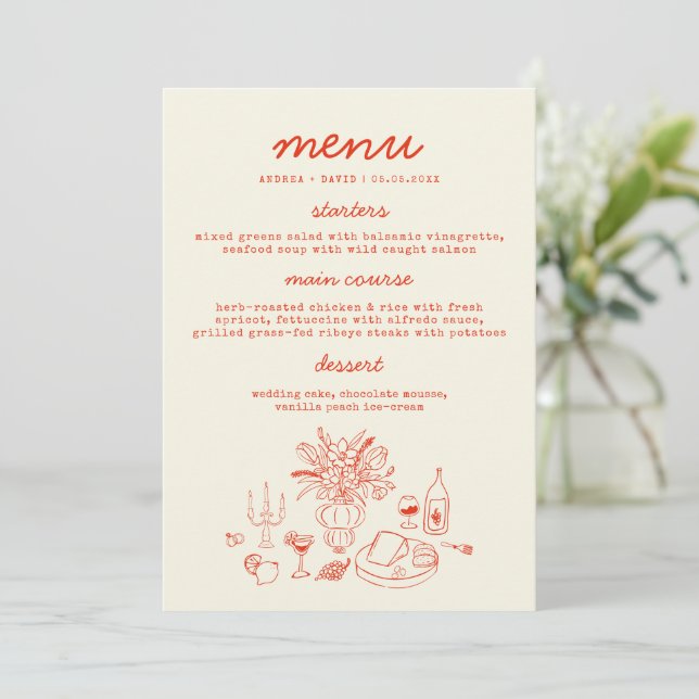 Carte de menu de mariage dessinée à la main Rouge  (Debout devant)