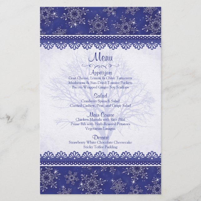 Carte de menu de mariage d'hiver Blue Snowflake de (Devant)