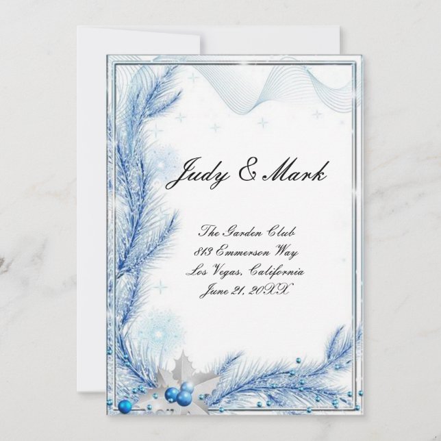 Carte de menu de mariage d'hiver en pin bleu Noël (Devant)