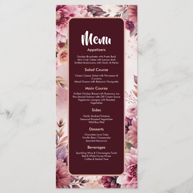 Carte de Menu de Mariage Élégance Florale Rêves Bo (Devant)