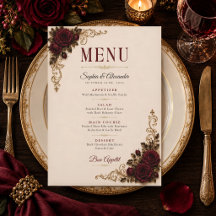 Carte de Menu de Mariage Élégant Gothique Roses Bo