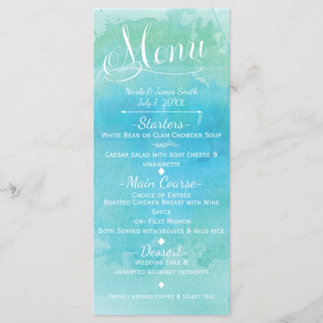 Carte de menu de mariage élégant plage bleu aquare (Devant)
