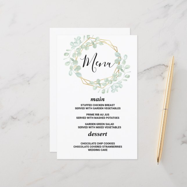 Carte de menu de mariage élégante à feuillage d'eu (Devant/Arrière en situation)