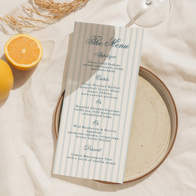 Carte de menu de mariage élégante à rayure bleue m (Créateur téléchargé)