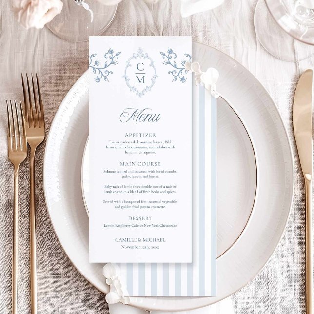 Carte de menu de mariage élégante à rayure de crêt (Blue Monogram Menu Card)