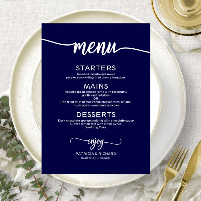 Carte de menu de mariage élégante bleu marine (Créateur téléchargé)