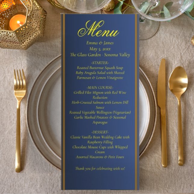 Carte de menu de mariage élégante bleu marine et o (Créateur téléchargé)
