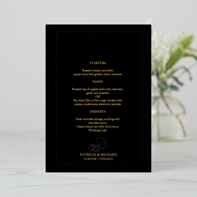 Carte de menu de mariage élégante calligraphie rée (Debout devant)